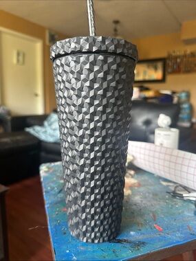 Textured Matte Black Travel Tumbler with Straw